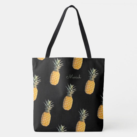 Ananas met jouw naam op zwart tote bag (Voorkant)