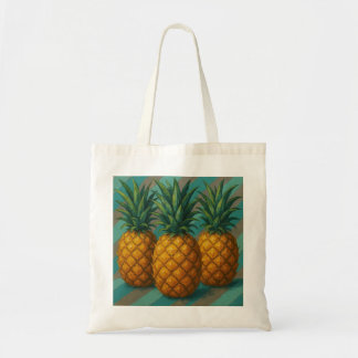 Ananas met turquoise en warme grijze strepen tote bag