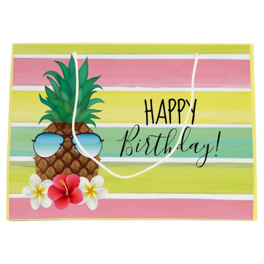 Ananas met zonnebrillen die gelukkig jarig zijn groot cadeauzakje (Voorkant)