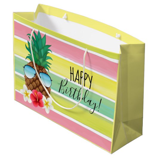 Ananas met zonnebrillen die gelukkig jarig zijn groot cadeauzakje (Achterkant Gekanteld)