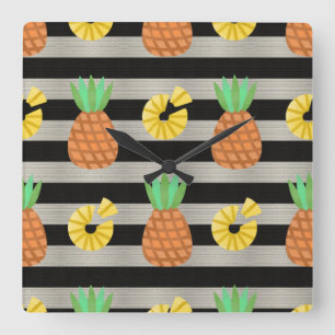 Ananas Modern Zwart & Witte Strepen Vierkante Klok