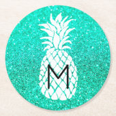 ananas monogram op faux blauwgroen glitter ronde kartonnen onderzetter (Voorkant)