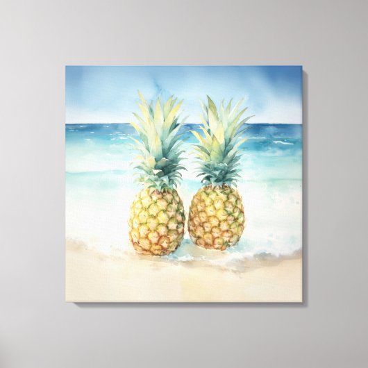 Ananas op het strand Waterverf Canvas Print (Voorkant)