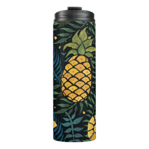 Ananas, palmbladeren: tropisch patroon. thermosbeker