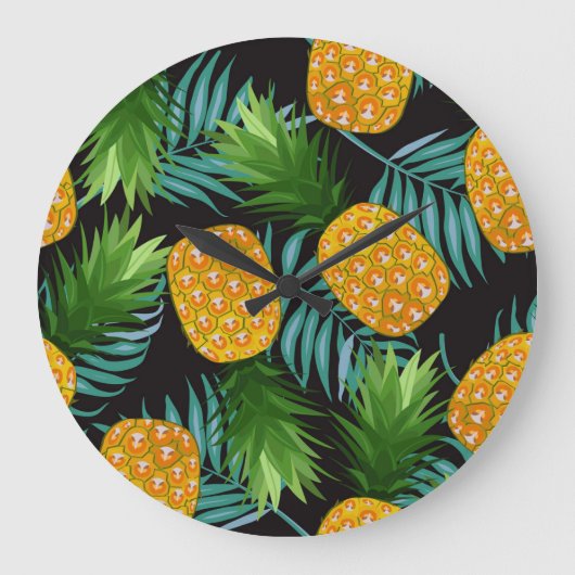 Ananas Palms Zwart Tapestry Grote Klok (Voorkant)