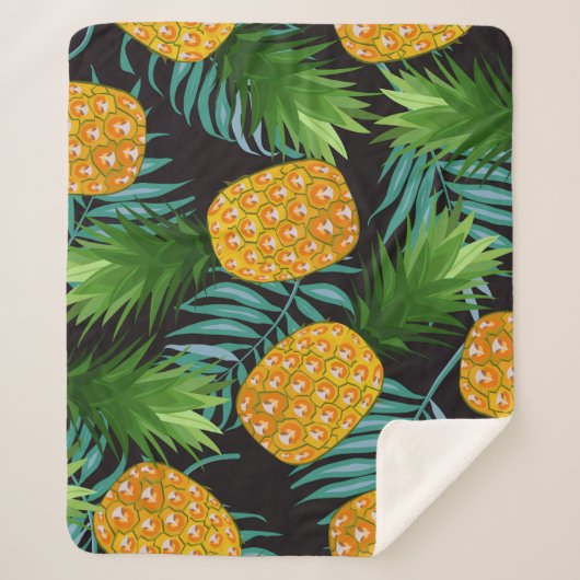 Ananas Palms Zwart Tapestry Sherpa Deken (Voorkant)