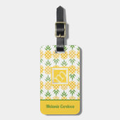 Ananas patroon-wit, monogram bagagelabel (Voorkant verticaal)