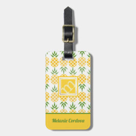Ananas patroon-wit, monogram bagagelabel