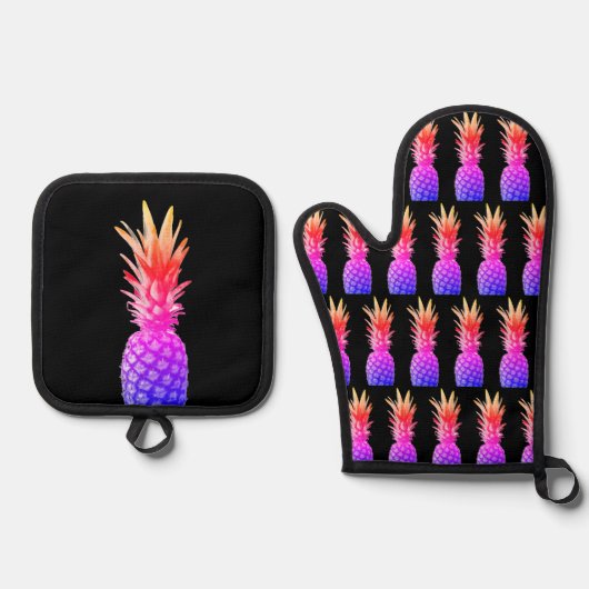 Ananas Piñas Sinaasappel Roze & Paarse Zwart Ovenwant & Pannenlap Set (Voorkant)
