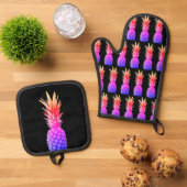 Ananas Piñas Sinaasappel Roze & Paarse Zwart Ovenwant & Pannenlap Set (Top down)
