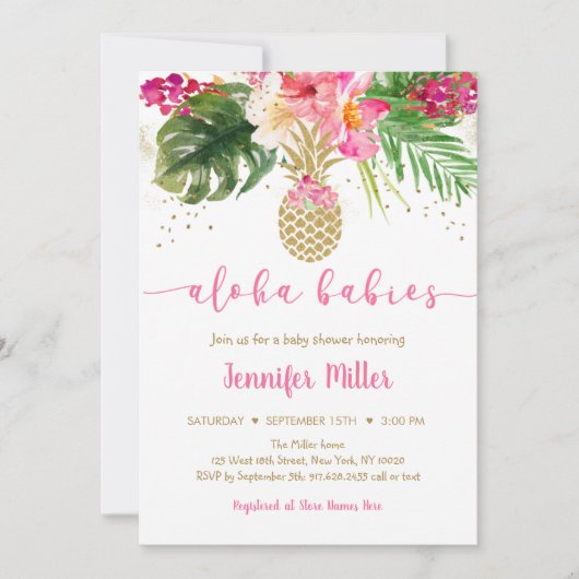 Ananas Pink Floral Aloha Twin Baby shower Kaart (Voorkant)