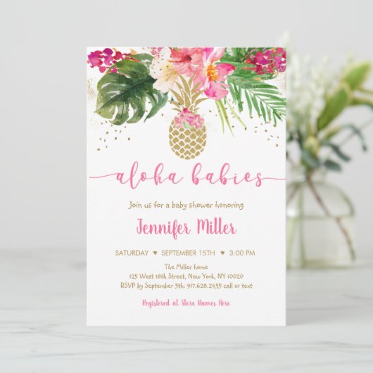 Ananas Pink Floral Aloha Twin Baby shower Kaart (Staand voorkant)