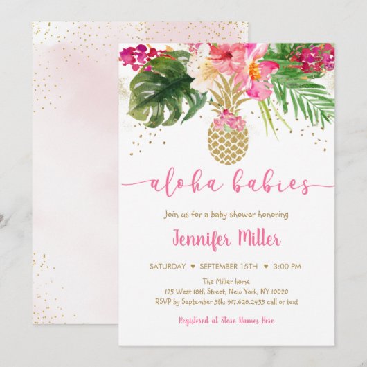 Ananas Pink Floral Aloha Twin Baby shower Kaart (Voorkant / Achterkant)