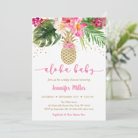 Ananas Pink Gold Floral Aloha Baby shower Kaart (Staand voorkant)