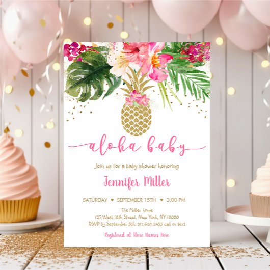 Ananas Pink Gold Floral Aloha Baby shower Kaart