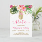 Ananas Pink Gold Floral Aloha Birthday Kaart (Staand voorkant)
