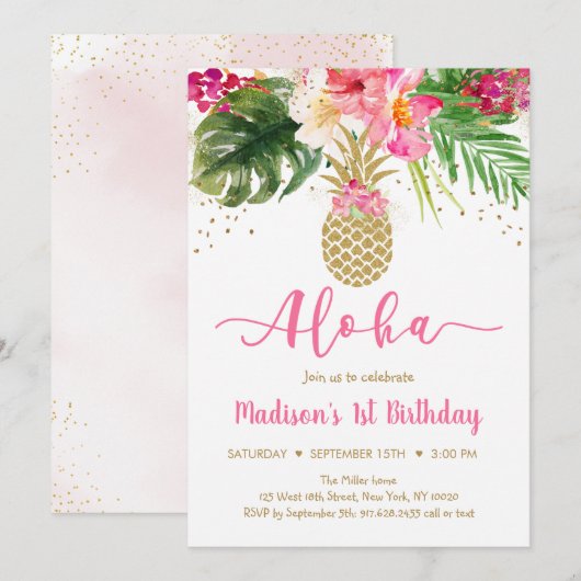Ananas Pink Gold Floral Aloha Birthday Kaart (Voorkant / Achterkant)
