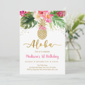 Ananas Pink Gold Floral Aloha Birthday Kaart (Staand voorkant)