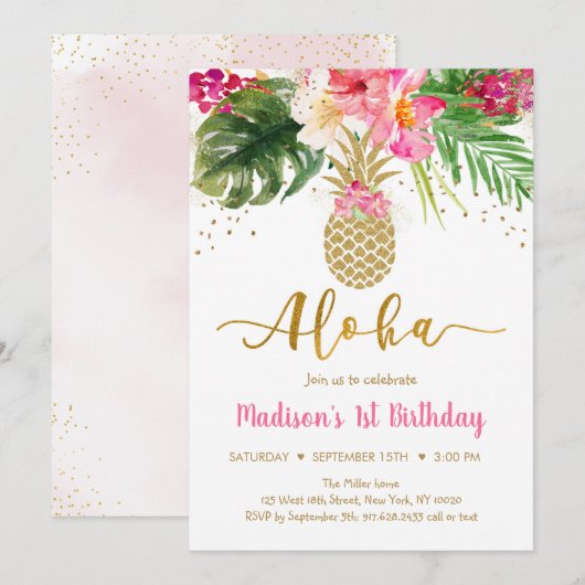Ananas Pink Gold Floral Aloha Birthday Kaart (Voorkant / Achterkant)