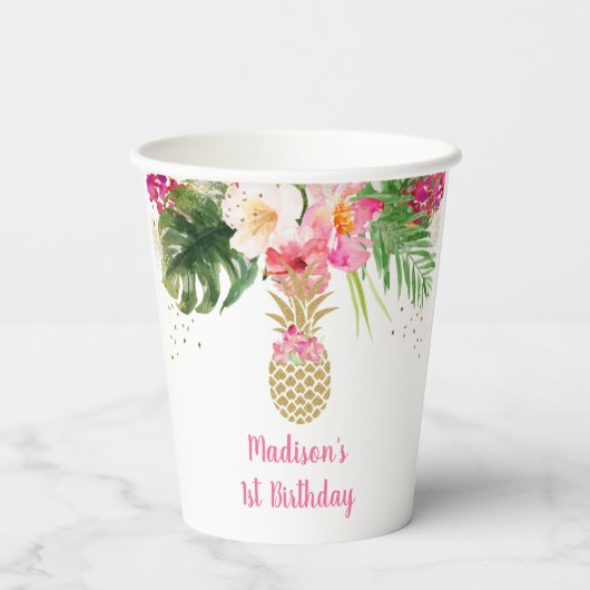 Ananas Pink Gold Floral Birthday Papieren Bekers (Achterkant)