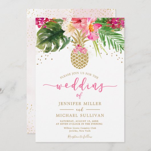 Ananas Pink Gold Floral Tropical Wedding Kaart (Voorkant / Achterkant)