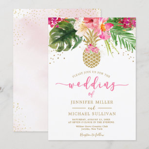 Ananas Pink Gold Floral Tropical Wedding Kaart