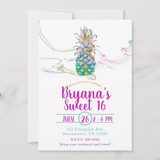 Ananas Regenboog Kleur Splash Sweet 16 Party Kaart (Voorkant)