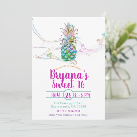 Ananas Regenboog Kleur Splash Sweet 16 Party Kaart (Staand voorkant)