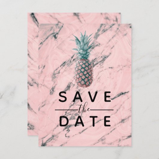 Ananas Roze Marmer Draai Modern Bewaar de Datum Aankondigingskaart (Voorkant / Achterkant)