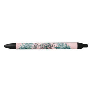 Ananas & Roze Marmer Draai Modern Tropisch Chic Blauwe Inkt Pen