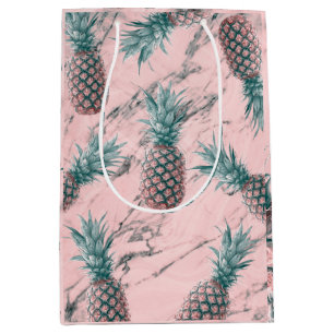Ananas & Roze Marmer Draai Modern Tropisch Chic Medium Cadeauzakje