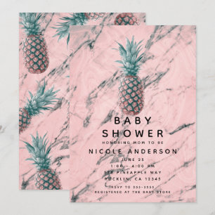Ananas & Roze Marmer Draai Moderne Baby Shower Kaart