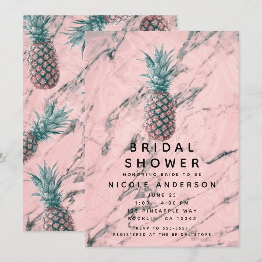 Ananas & Roze Marmer Draai Moderne Bruidsdouche Kaart (Voorkant / Achterkant)