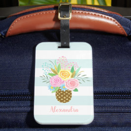 Ananas Rozen Bouquet Pink Turquoise Stripes Bagagelabel