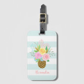 Ananas Rozen Bouquet Pink Turquoise Stripes Bagagelabel (Voorkant (verticaal))
