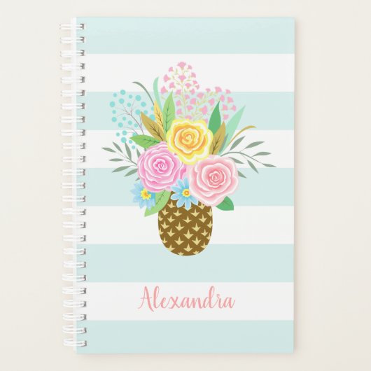 Ananas Rozen Bouquet Pink Turquoise Stripes Planner (Voorkant)