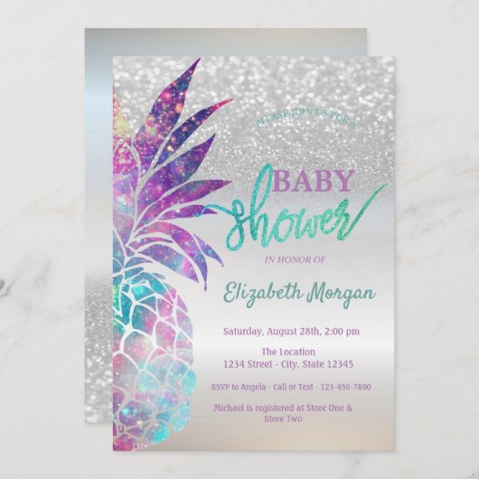Ananas Silver Glitter Bokeh Baby shower Kaart (Voorkant / Achterkant)