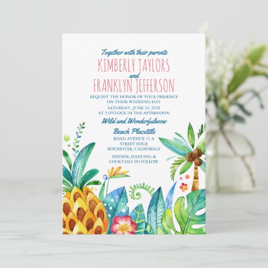 ananas strand palmen tropische bruiloft kaart (Staand voorkant)