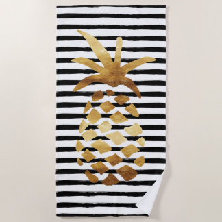 Ananas & Stripes - Goud op zwart/wit Strandlaken
