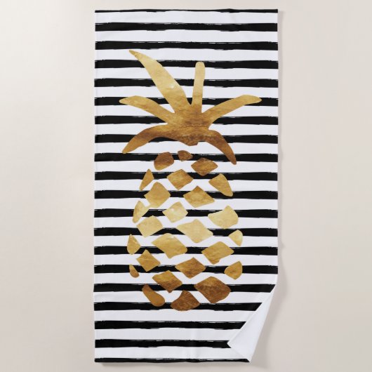 Ananas & Stripes - Goud op zwart/wit Strandlaken (Voorkant)