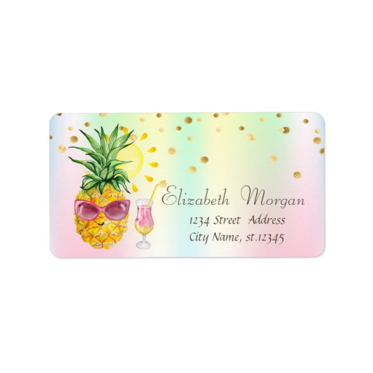 Ananas, Sun, Cocktail Holographic Iridescent Etiket (Voorkant)