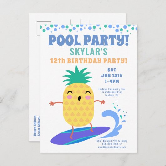Ananas Surfer Birthday Pool Party Kinder Uitnodiging Briefkaart (Voorkant / Achterkant)