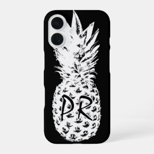Ananas tekening zwart en wit aangepaste monogram iPhone 16 hoesje