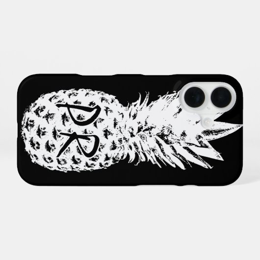 Ananas tekening zwart-wit custom monogram iPhone 16 hoesje (Achterkant horizontaal)