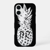 Ananas tekening zwart-wit custom monogram iPhone 16 hoesje (Achterkant)