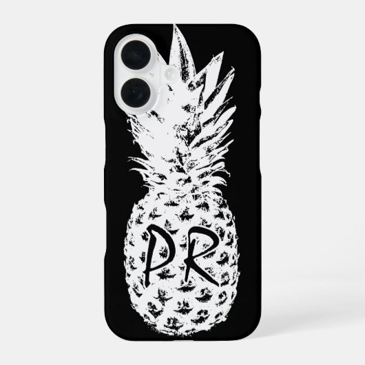 Ananas tekening zwart-wit custom monogram iPhone 16 hoesje (Achterkant)