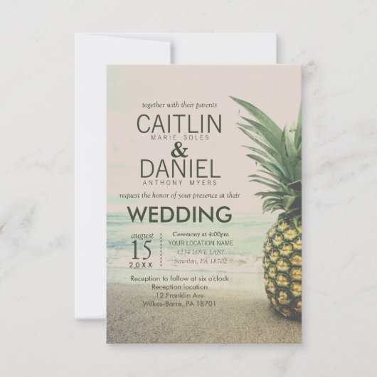 Ananas Tropical Beach Bestemming Bruiloft Kaart (Voorkant)