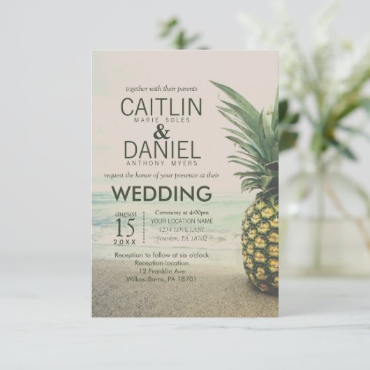 Ananas Tropical Beach Bestemming Bruiloft Kaart (Staand voorkant)