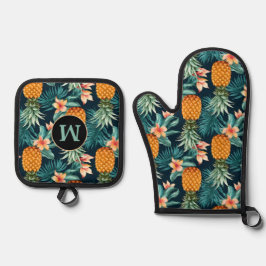 Ananas Tropisch Bloempatroon Monogram Ovenwant & Pannenlap Set