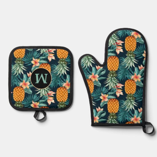 Ananas Tropisch Bloempatroon Monogram Ovenwant & Pannenlap Set (Voorkant)